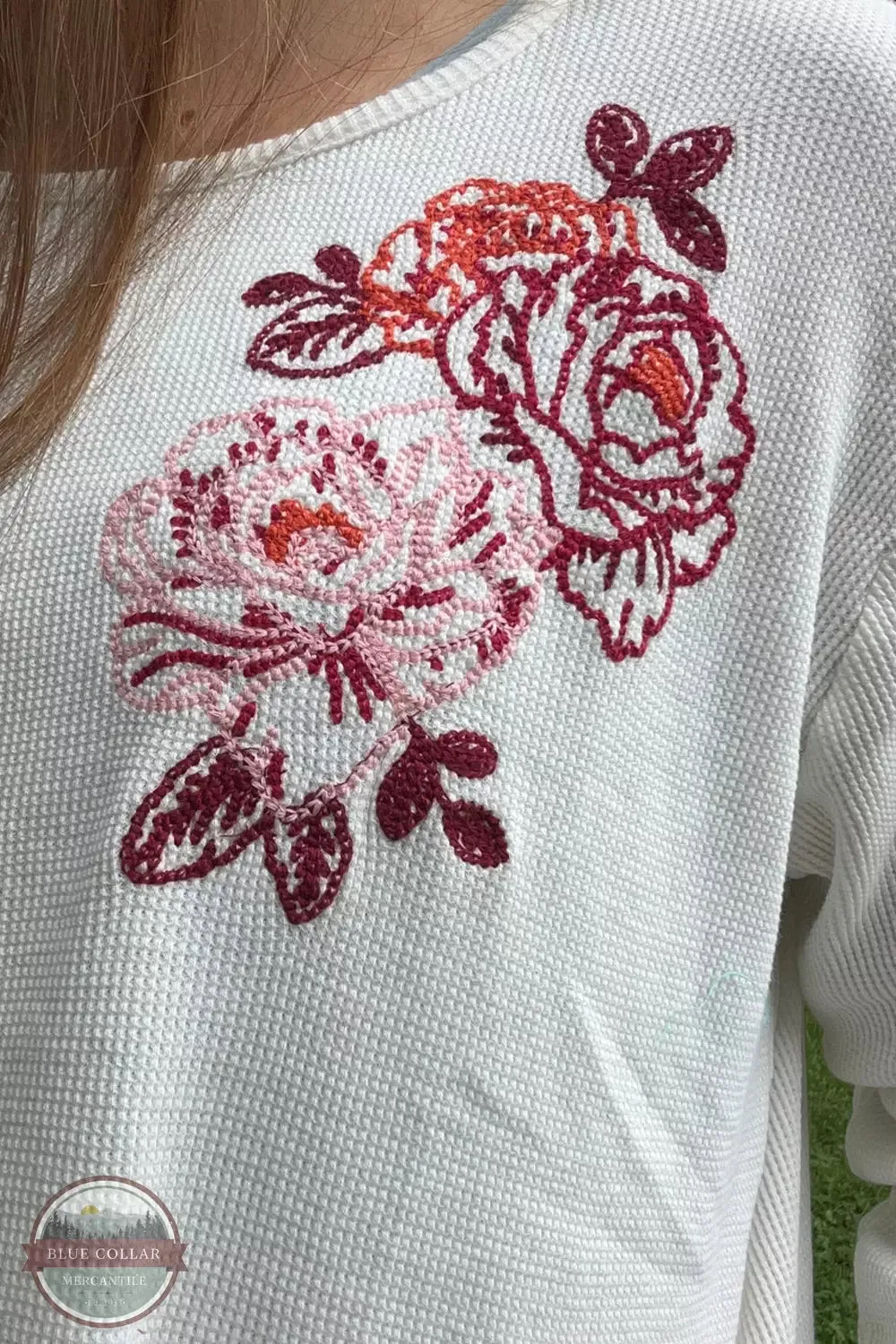 03-038-0513-6110 WH Waffle Weave Embroidered Rose Long Sleeve T-Shirt