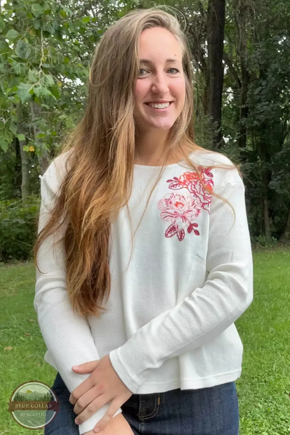 03-038-0513-6110 WH Waffle Weave Embroidered Rose Long Sleeve T-Shirt