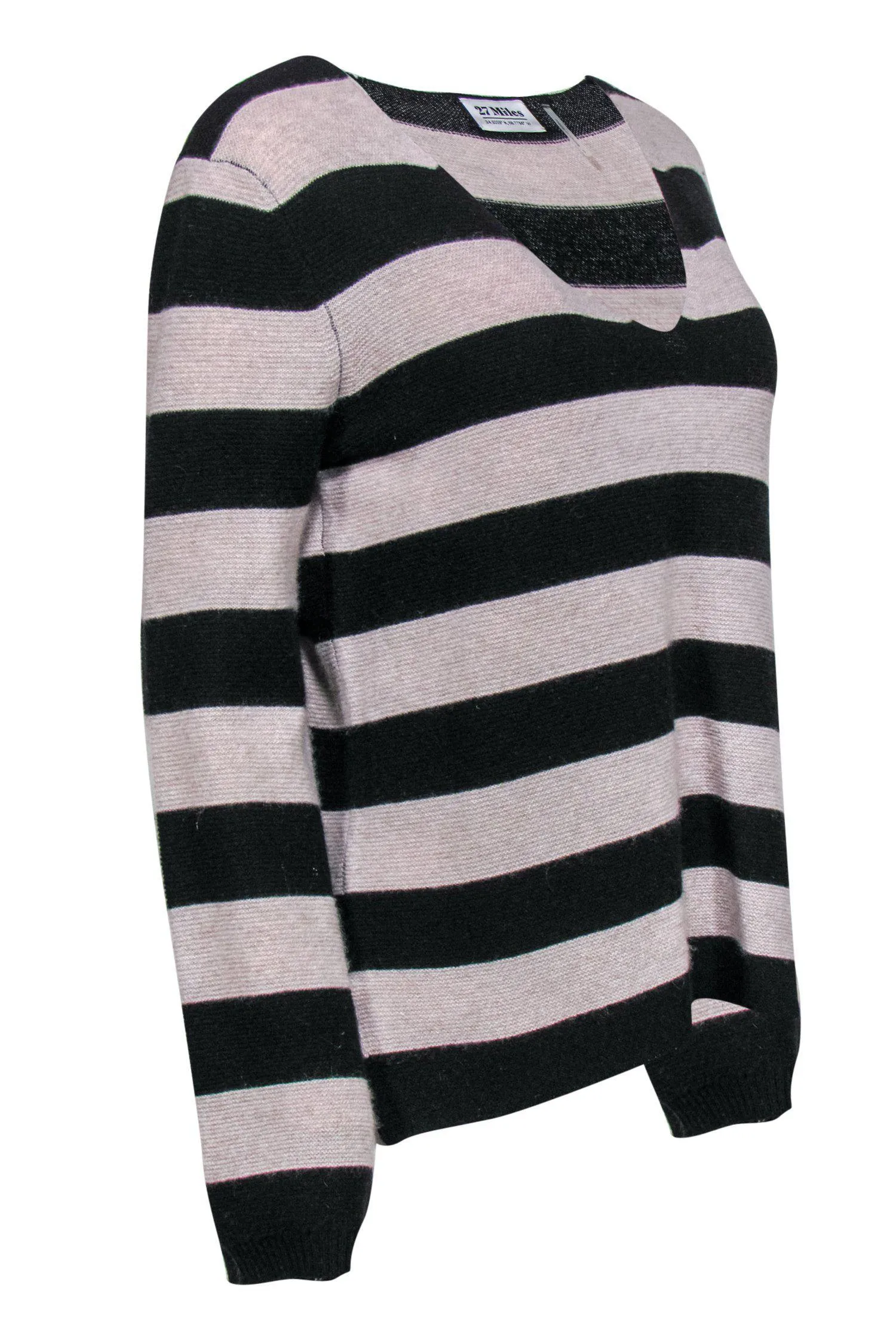 27 Miles - Grey & Black Striped V-Neck Cashmere Sweater Sz S
