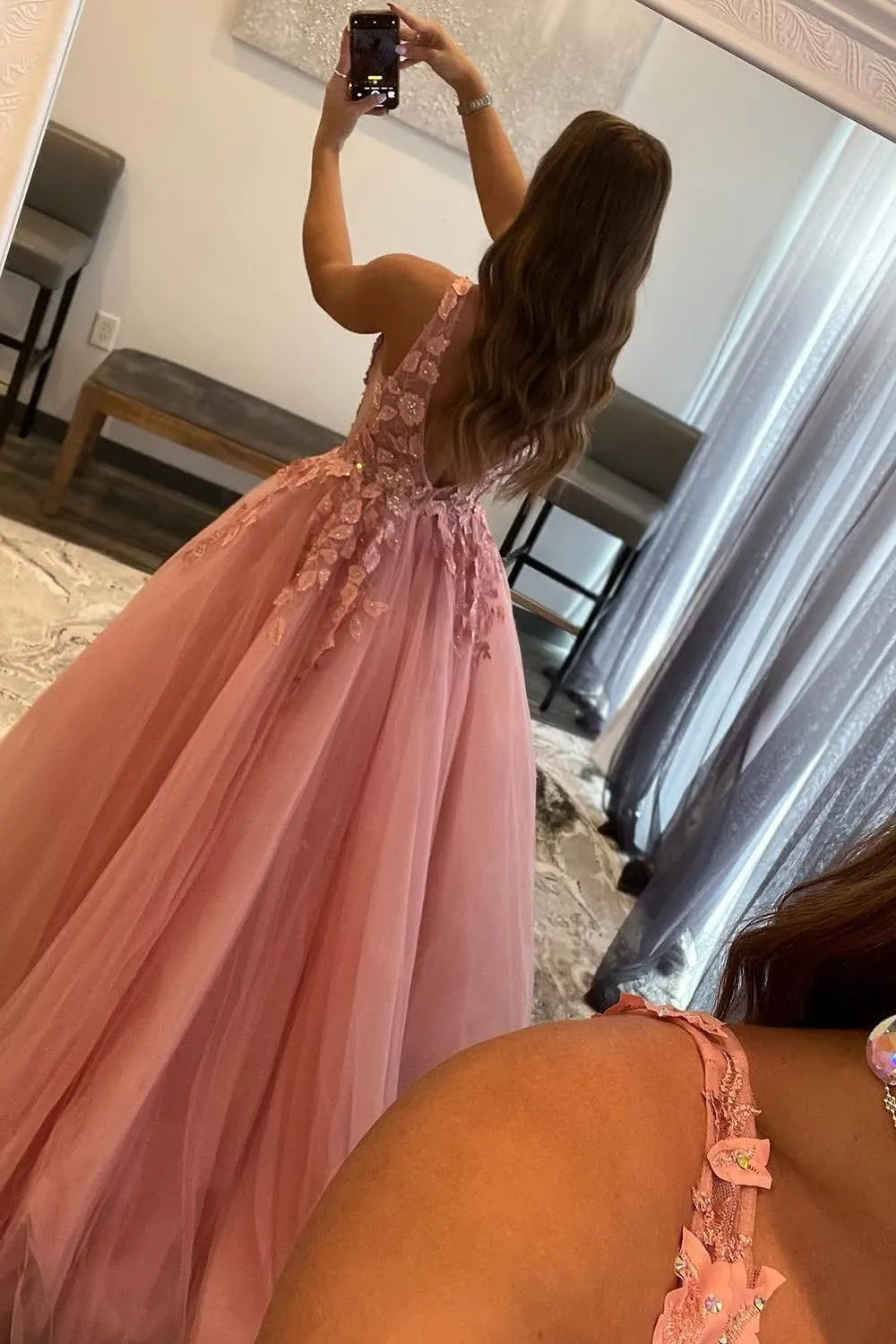 A Line V Neck Orange Prom Dress with Appliques