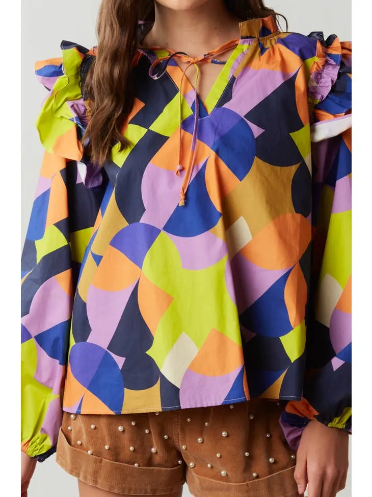 ABSTRACT NAVY ORANGE AND LIME POPLIN LONG SLEEVE BLOUSE