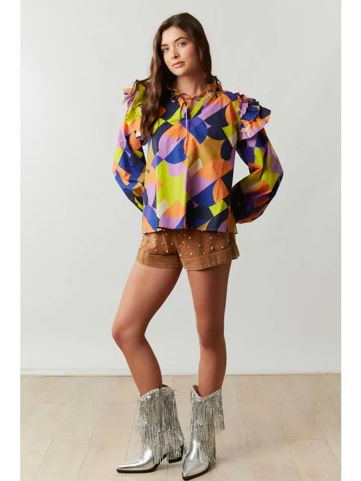 ABSTRACT NAVY ORANGE AND LIME POPLIN LONG SLEEVE BLOUSE