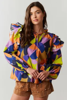 ABSTRACT NAVY ORANGE AND LIME POPLIN LONG SLEEVE BLOUSE