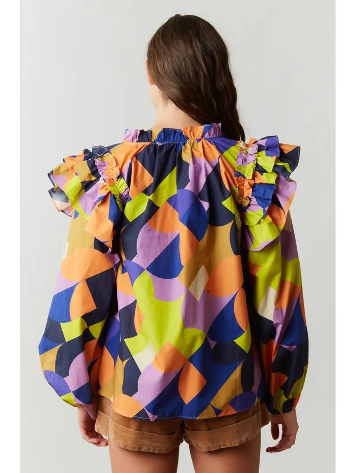 ABSTRACT NAVY ORANGE AND LIME POPLIN LONG SLEEVE BLOUSE