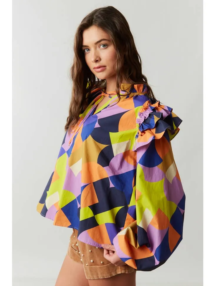 ABSTRACT NAVY ORANGE AND LIME POPLIN LONG SLEEVE BLOUSE