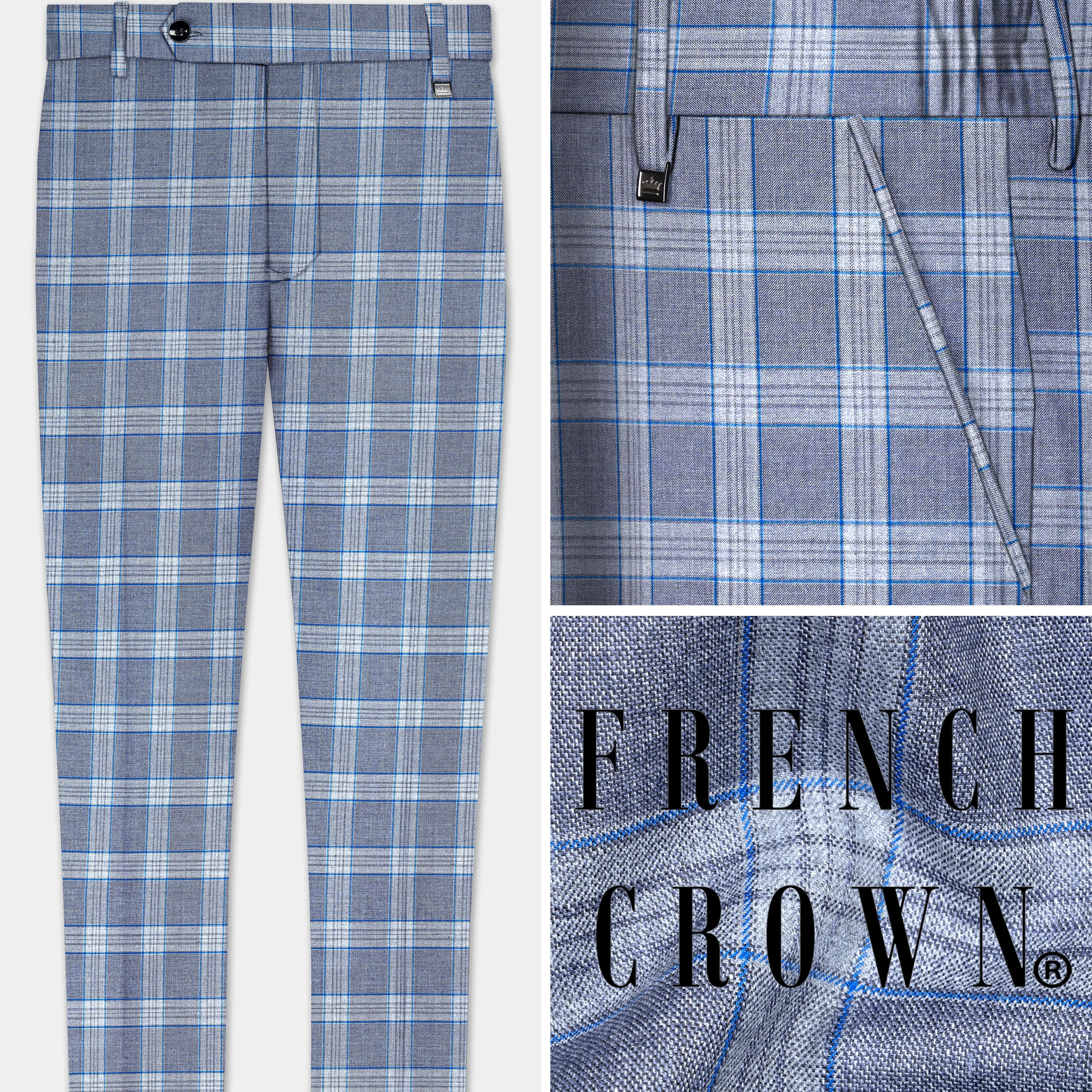 Amethyst Smoke Blue Checked Wool Blend Pant