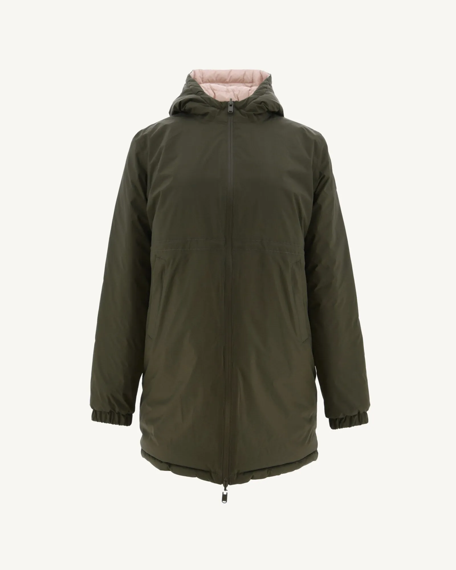 Army/Soft pink Roma long reversible puffer jacket