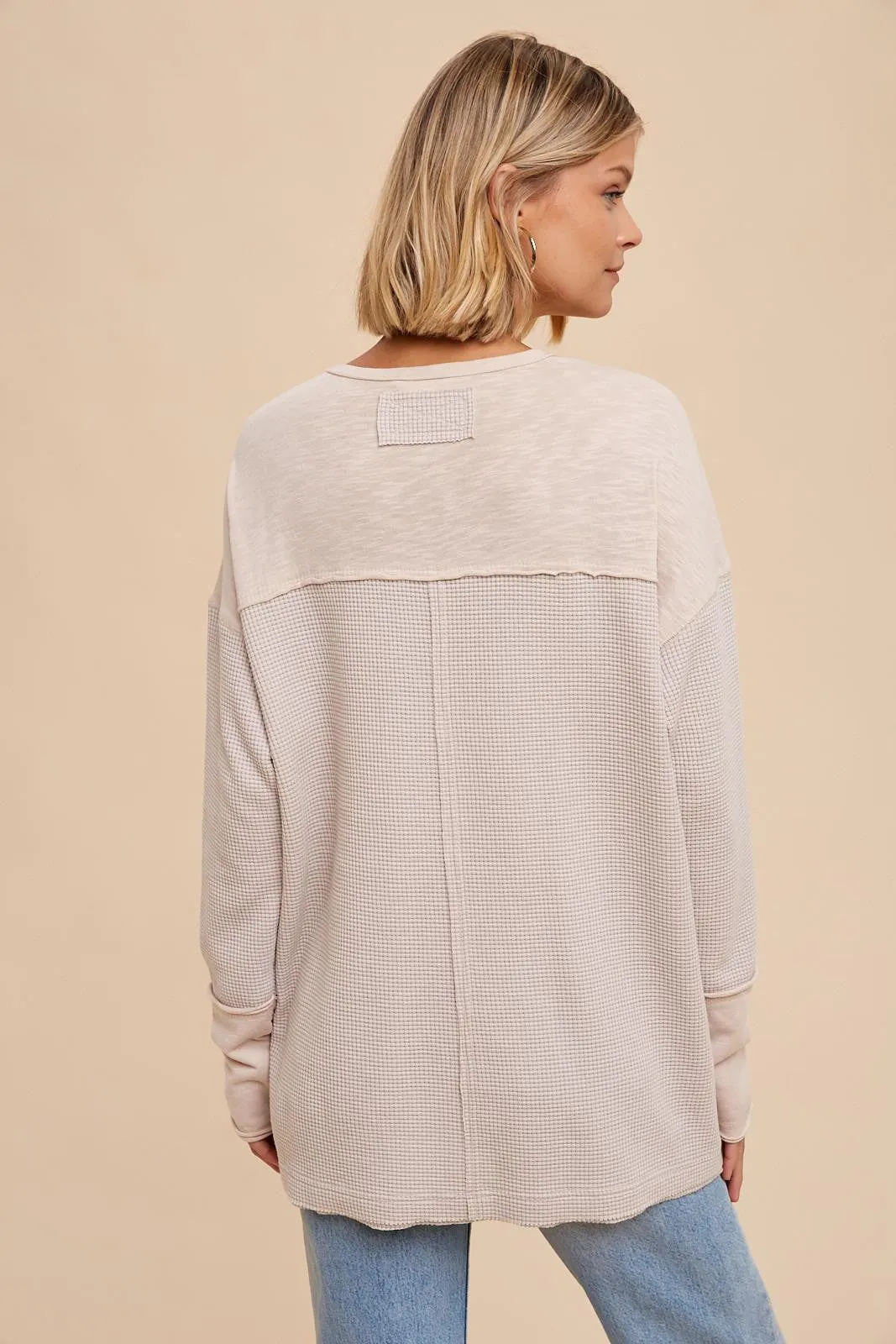 Beige Colorblock Waffle Knit Henley Top