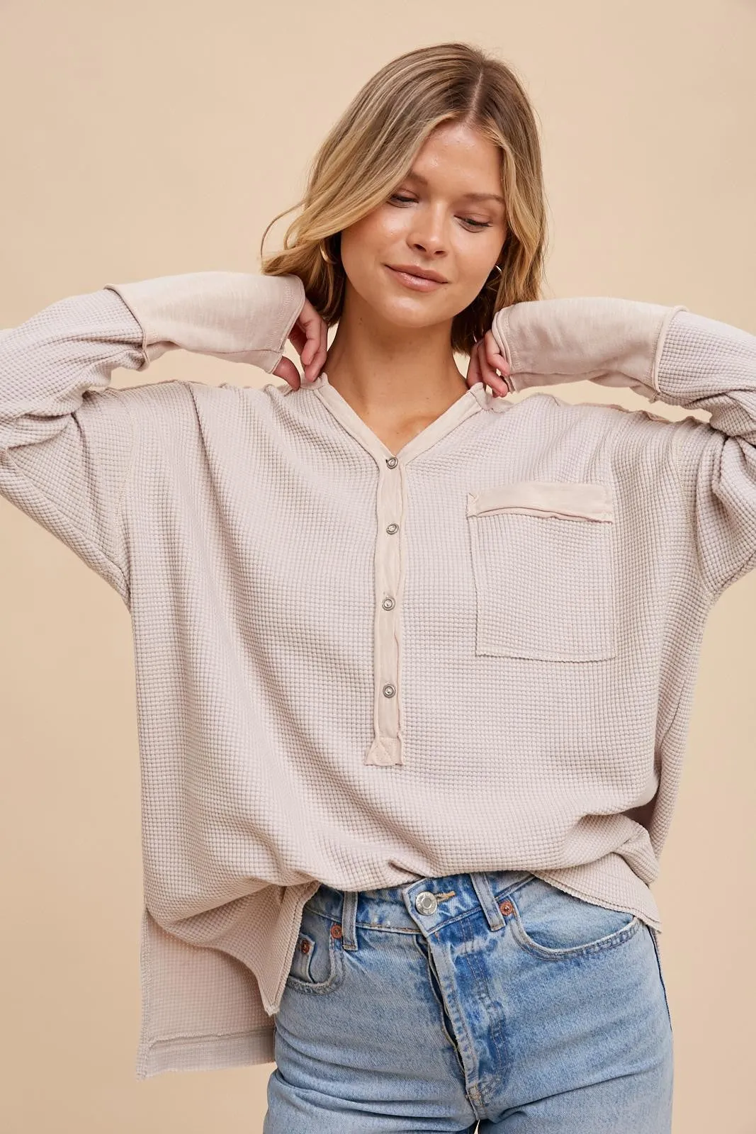 Beige Colorblock Waffle Knit Henley Top
