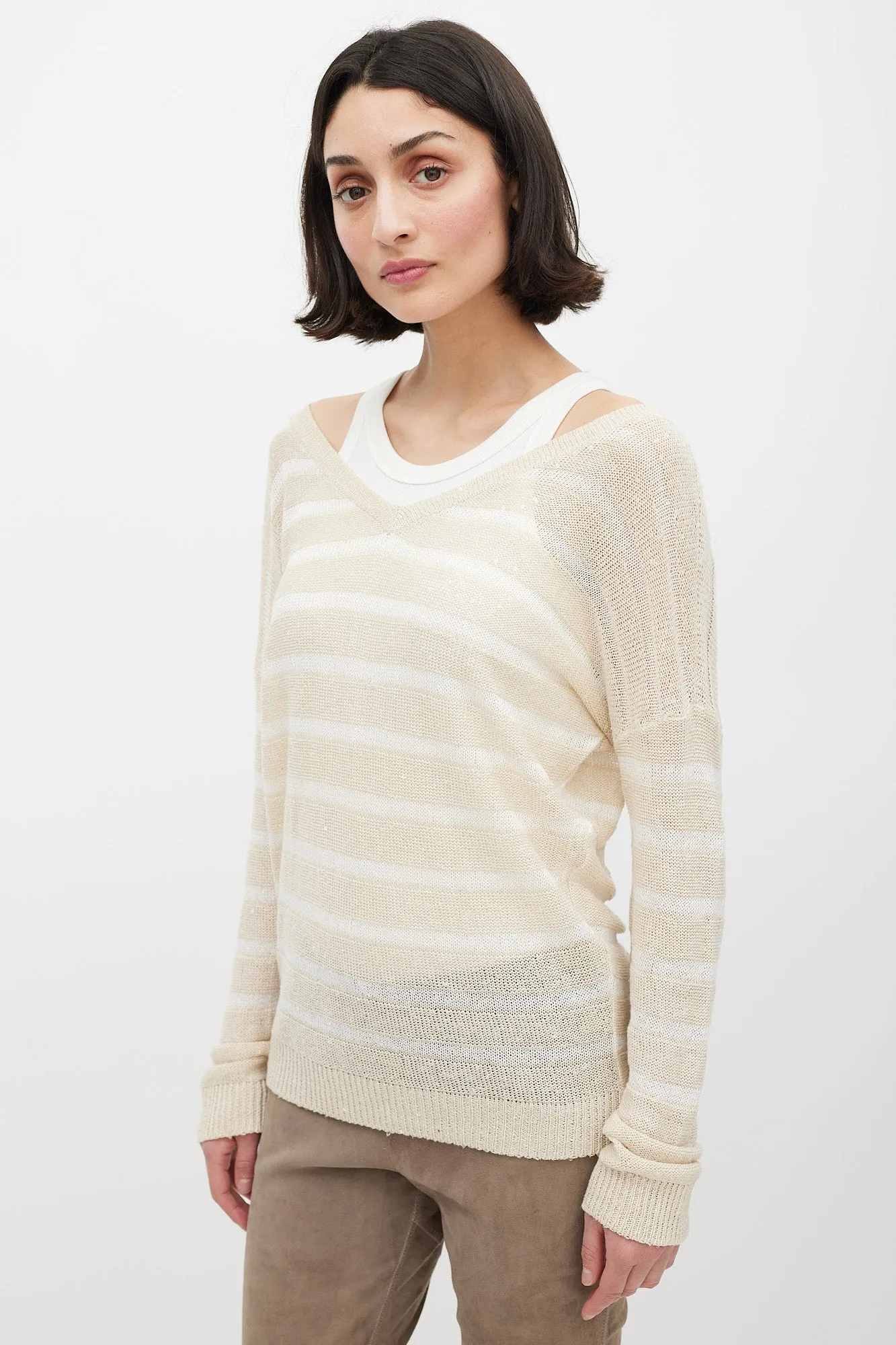 Beige Knit Striped Sequin Sweater
