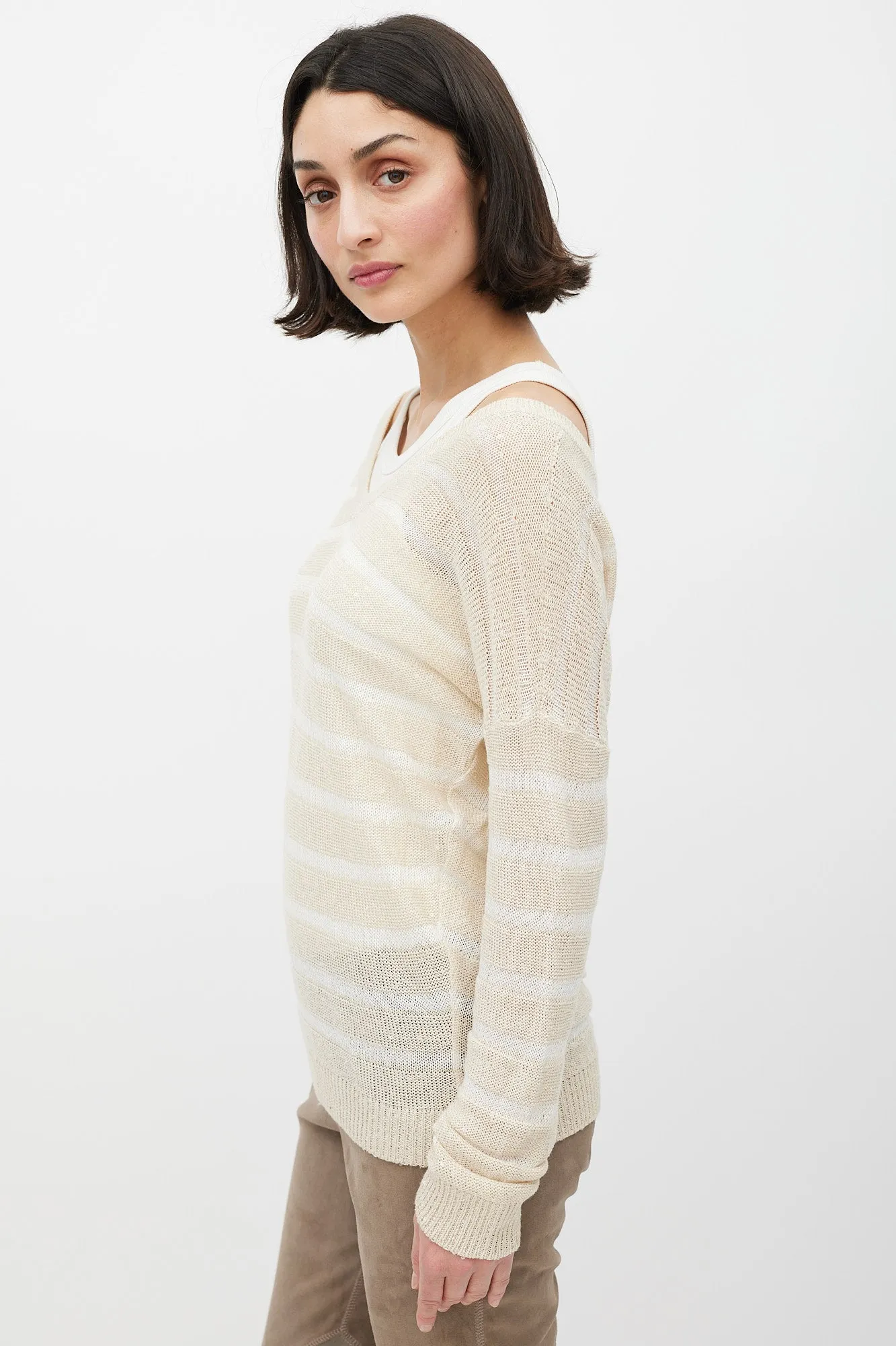 Beige Knit Striped Sequin Sweater