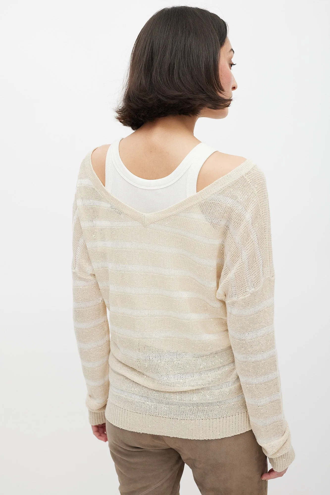 Beige Knit Striped Sequin Sweater
