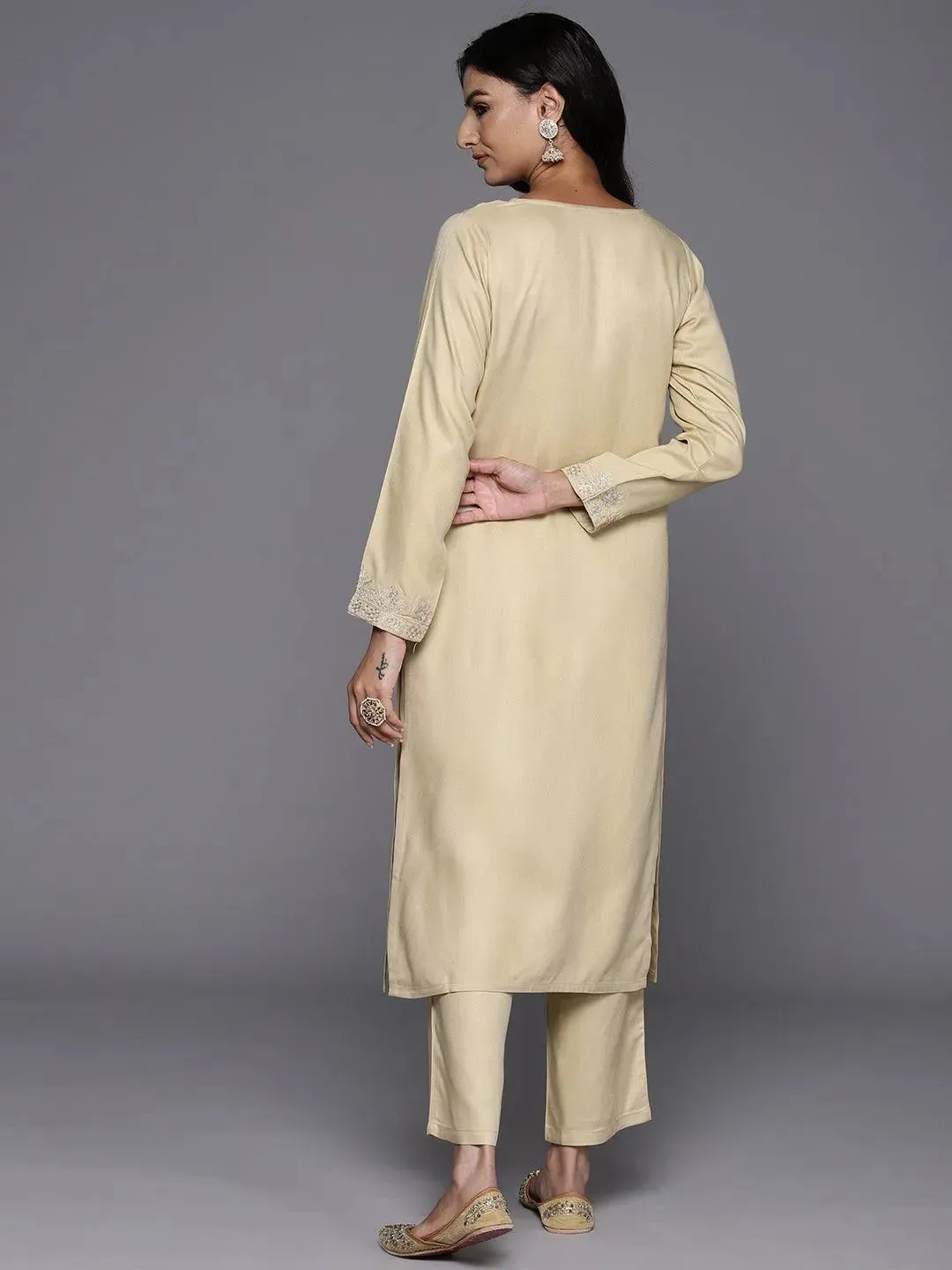 Beige Yoke Design Wool Blend Straight Kurta Set