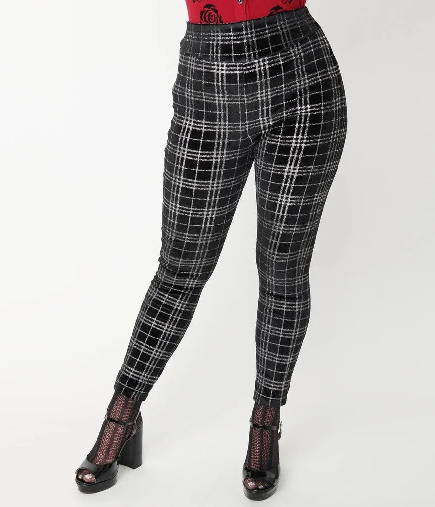 Black and Silver Plaid Velvet Rizzo Cigarette Pants