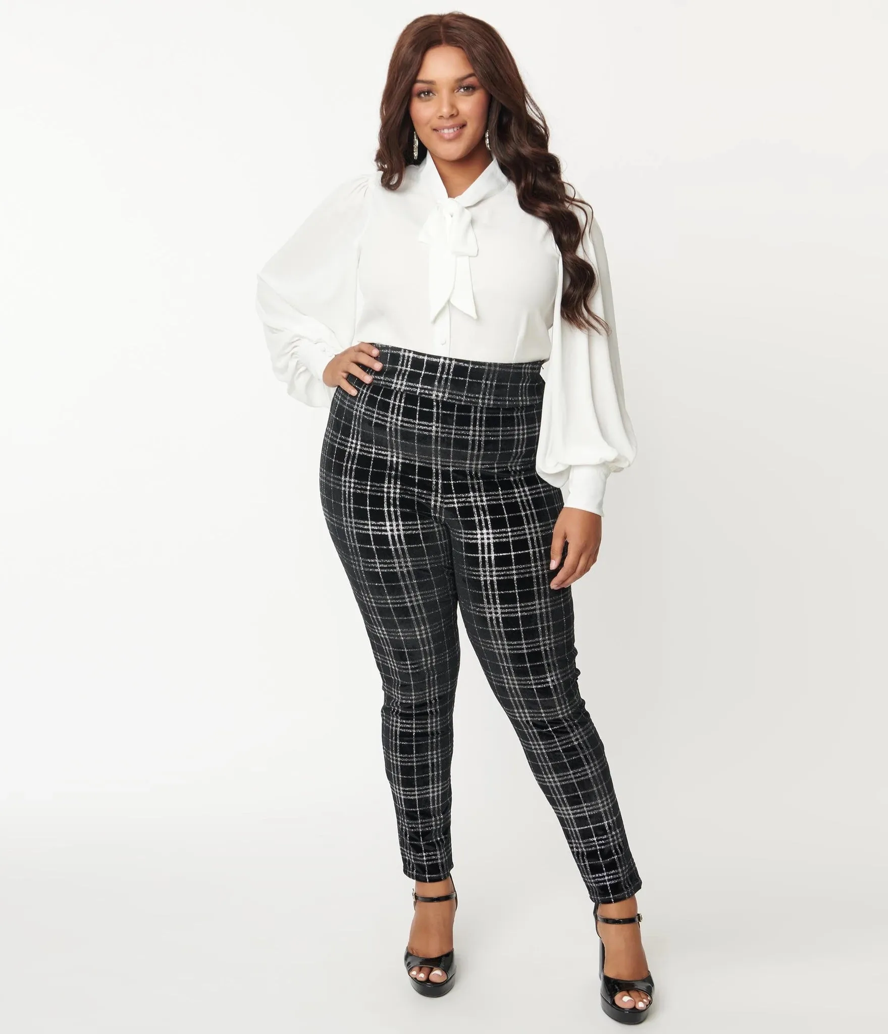 Black and Silver Plaid Velvet Rizzo Cigarette Pants