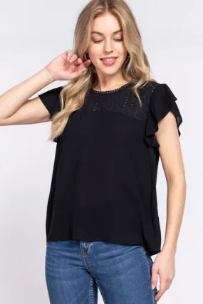 Black Ruffle Short Sleeve Crochet Blouse