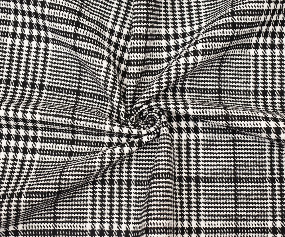 Black-White Melton Poly-Wool Glen Plaid Woven Jacketing Fabric