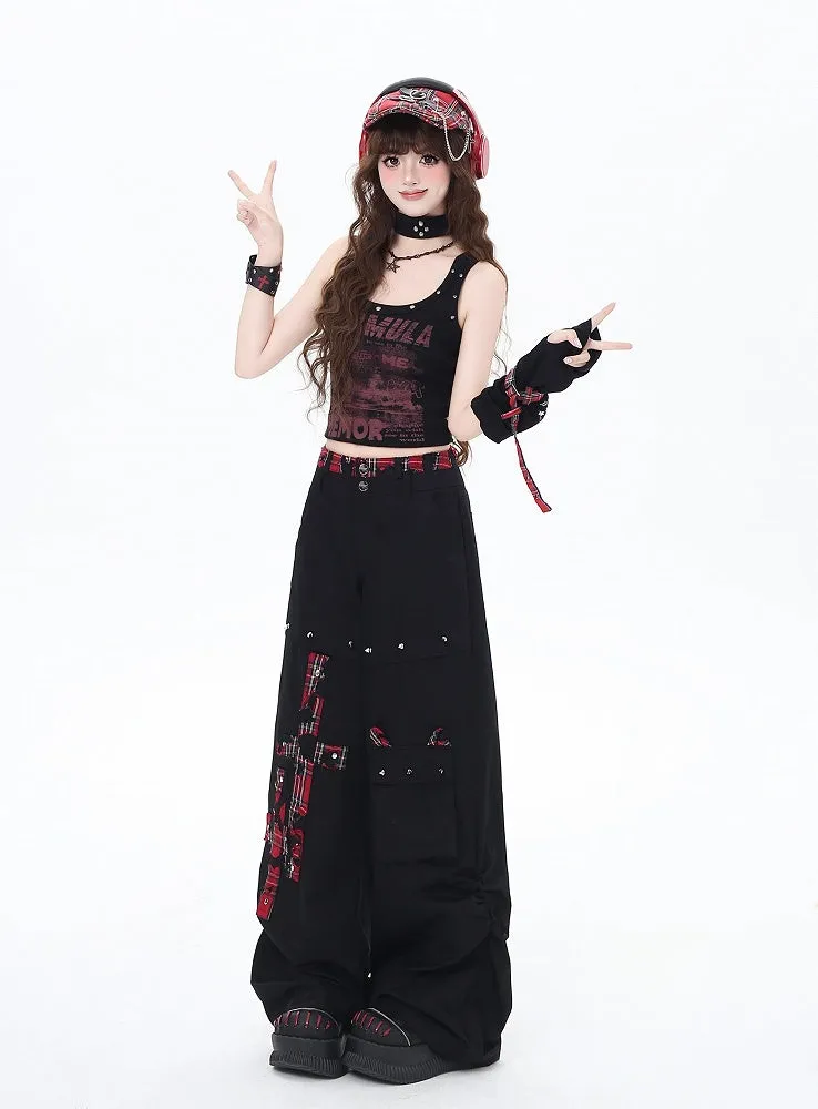 Black and Red Plaid Studs Detail Wide-Leg Pants