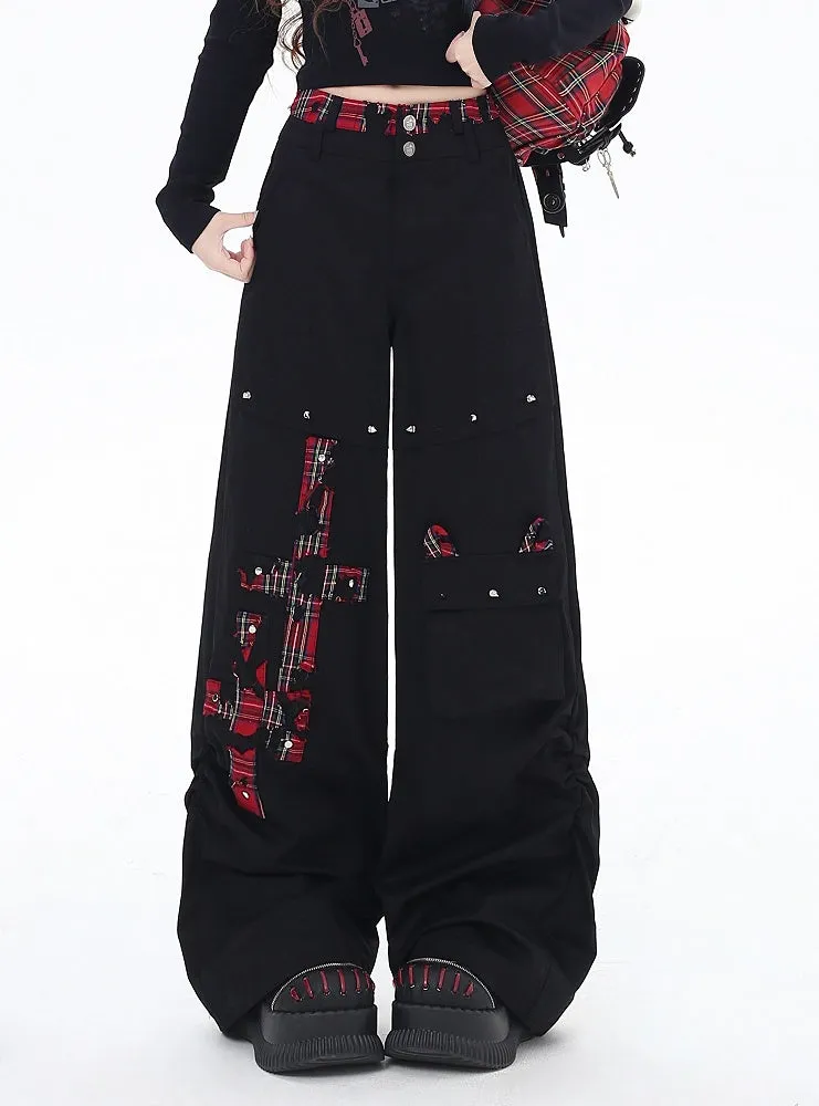 Black and Red Plaid Studs Detail Wide-Leg Pants