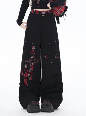 Black and Red Plaid Studs Detail Wide-Leg Pants