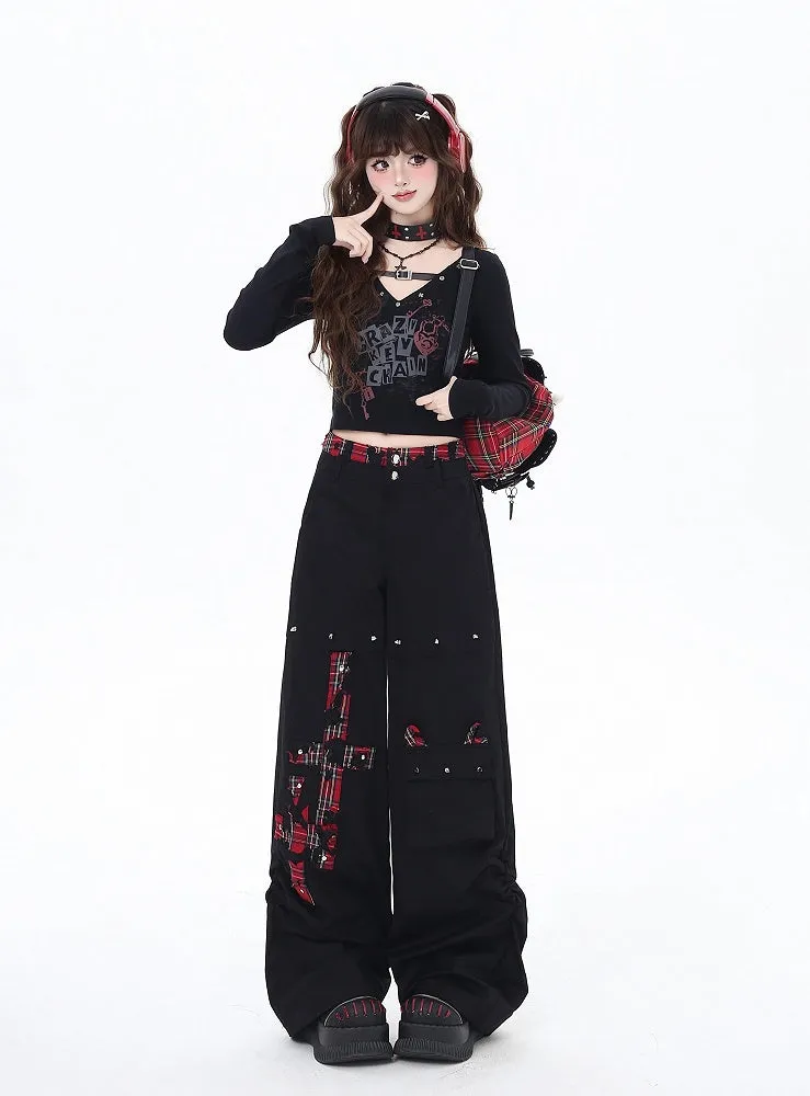 Black and Red Plaid Studs Detail Wide-Leg Pants