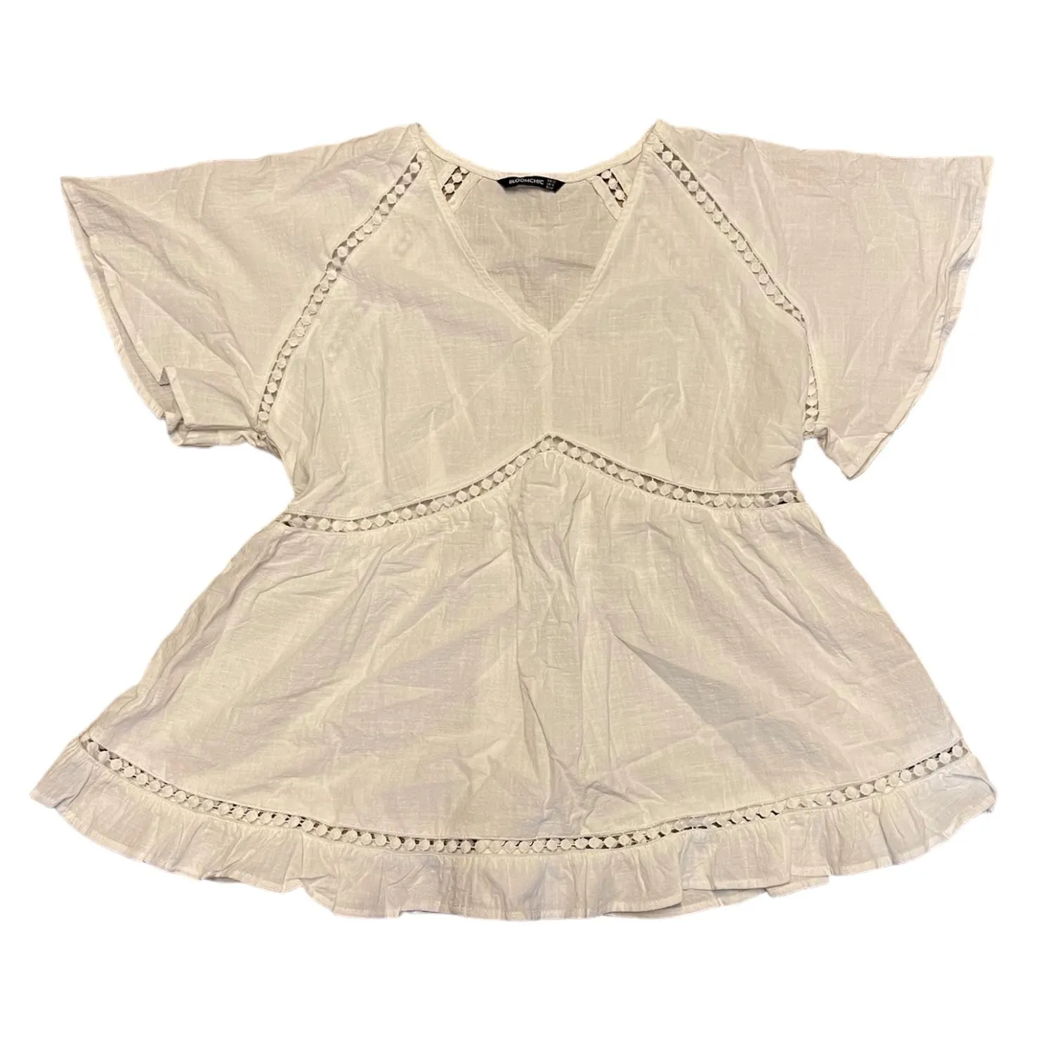 Bloomchic Cotton White Boho Babydoll V Neck Shirt Size 12