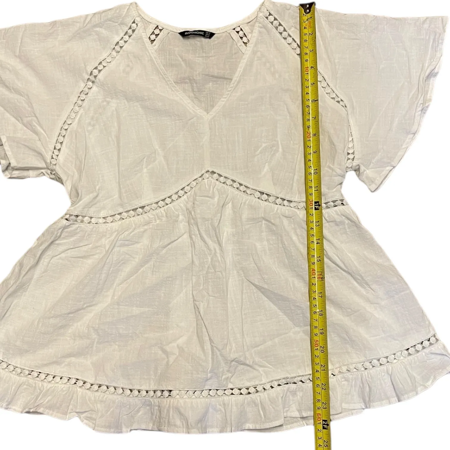 Bloomchic Cotton White Boho Babydoll V Neck Shirt Size 12