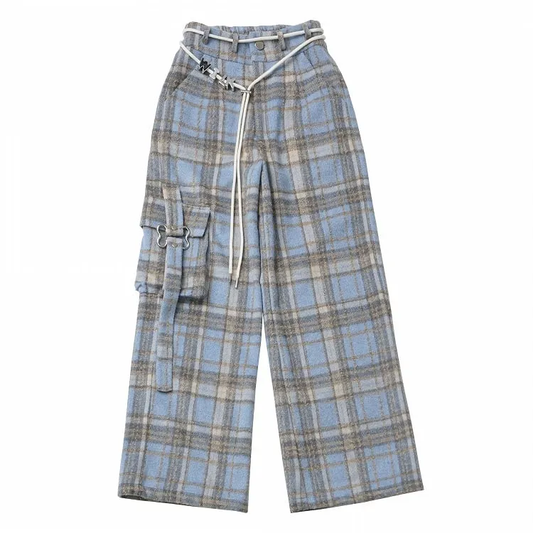 Blue Plaid Pants with Cargo Pockets