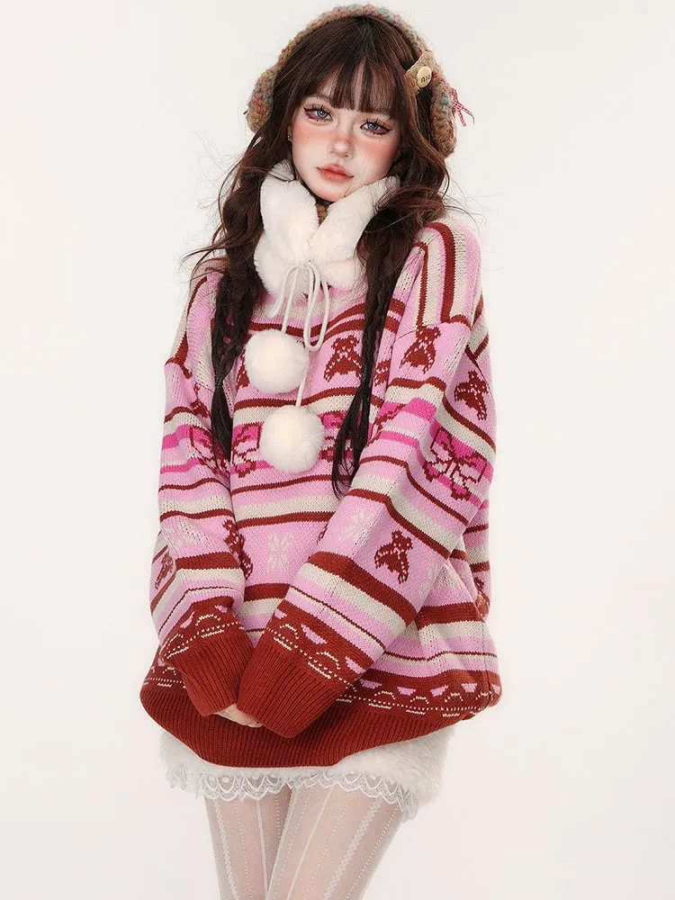 Bows and Teddy Bears Pink Striped Loose Sweater
