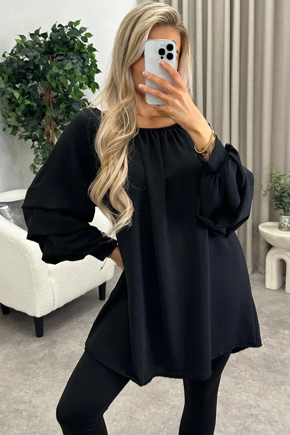 Chella Black Tier Long Sleeve Bardot Top