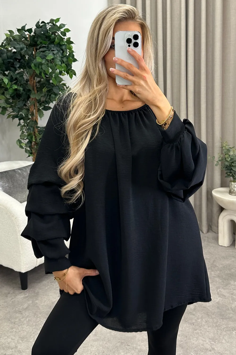 Chella Black Tier Long Sleeve Bardot Top