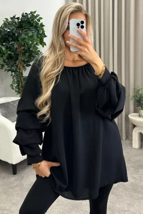 Chella Black Tier Long Sleeve Bardot Top