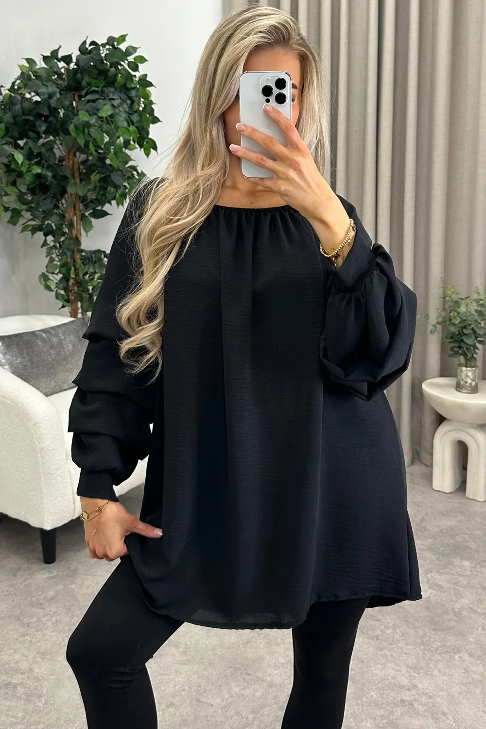 Chella Black Tier Long Sleeve Bardot Top