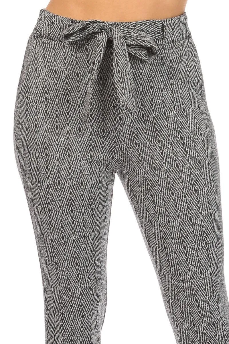 High Waist Slim Fit Pants With Waist Tie & Pockets - Black & White Diamond
