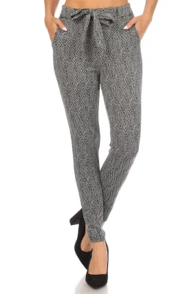 High Waist Slim Fit Pants With Waist Tie & Pockets - Black & White Diamond