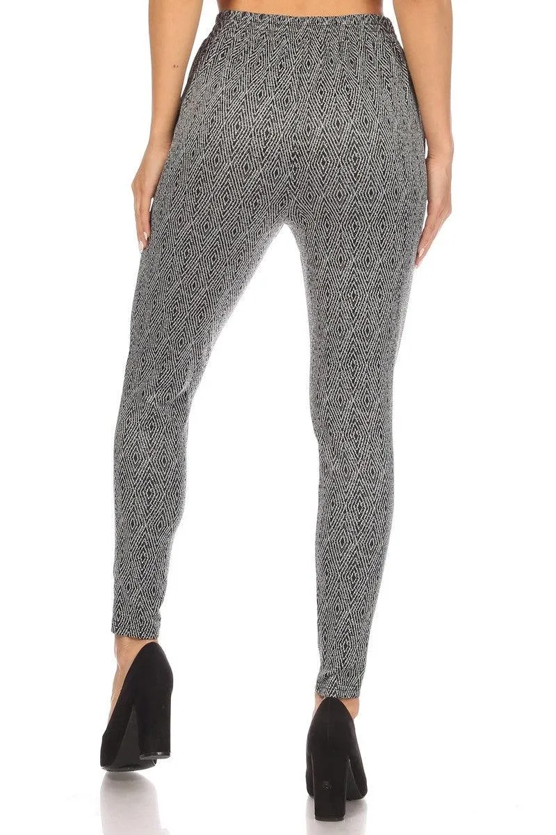High Waist Slim Fit Pants With Waist Tie & Pockets - Black & White Diamond