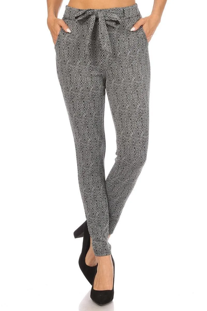 High Waist Slim Fit Pants With Waist Tie & Pockets - Black & White Diamond