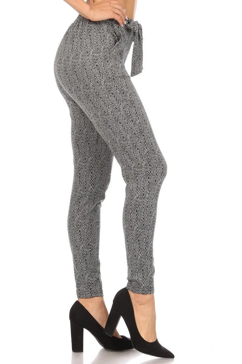 High Waist Slim Fit Pants With Waist Tie & Pockets - Black & White Diamond