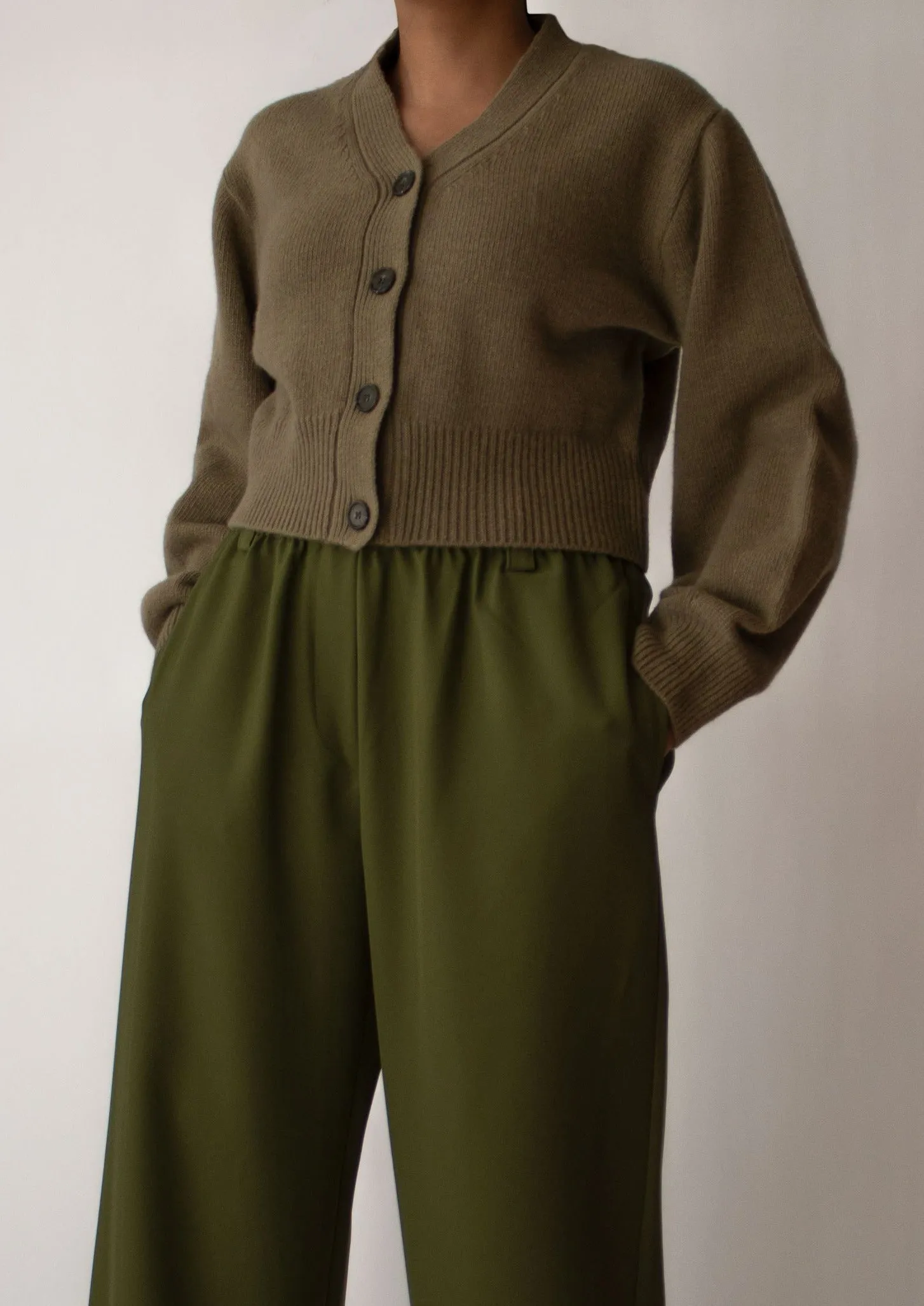 Khaki Puff Sleeves Wool Cardigan