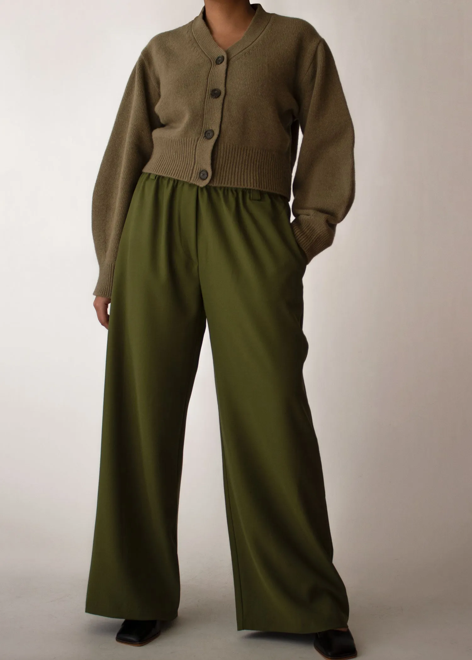 Khaki Puff Sleeves Wool Cardigan