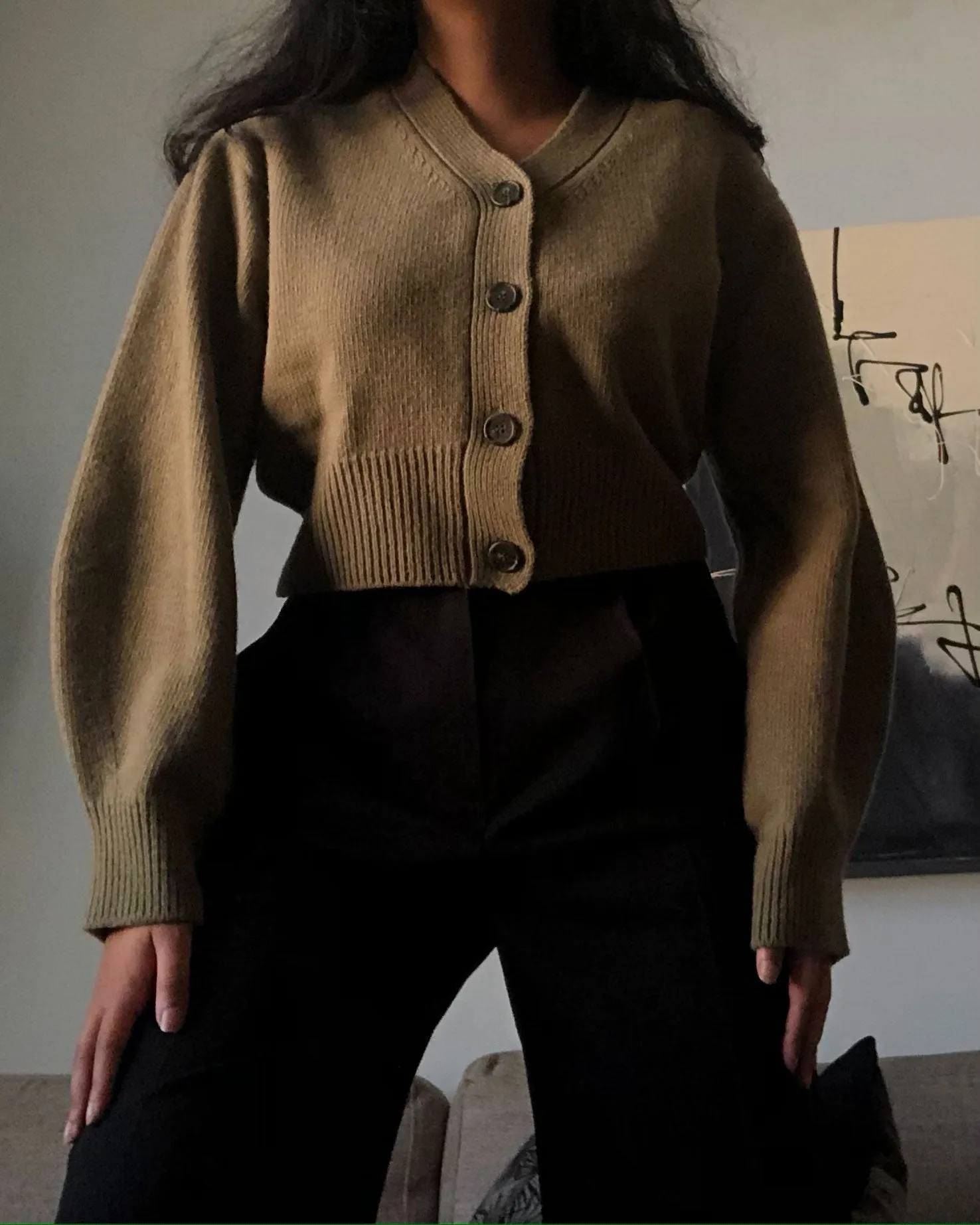 Khaki Puff Sleeves Wool Cardigan