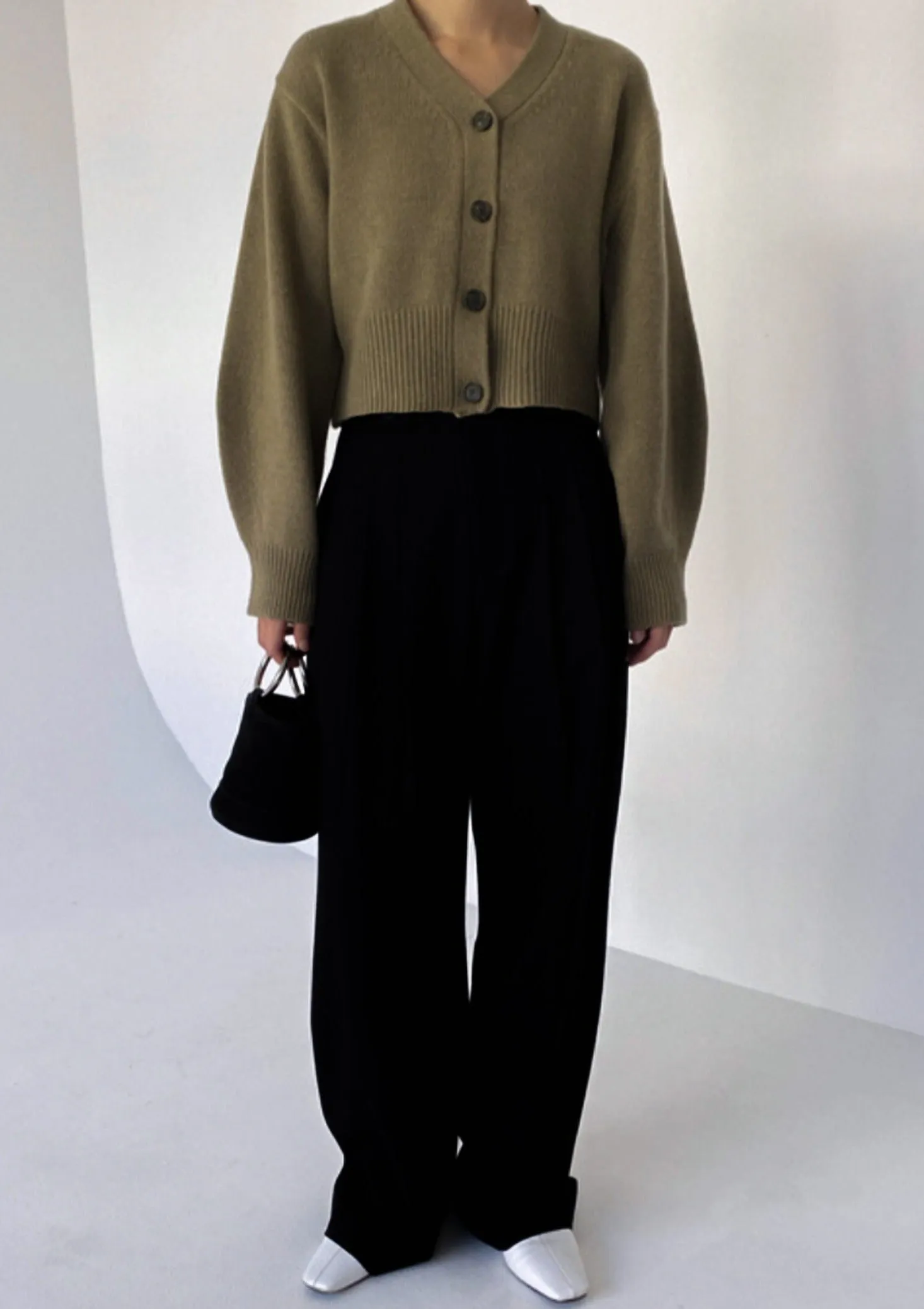 Khaki Puff Sleeves Wool Cardigan