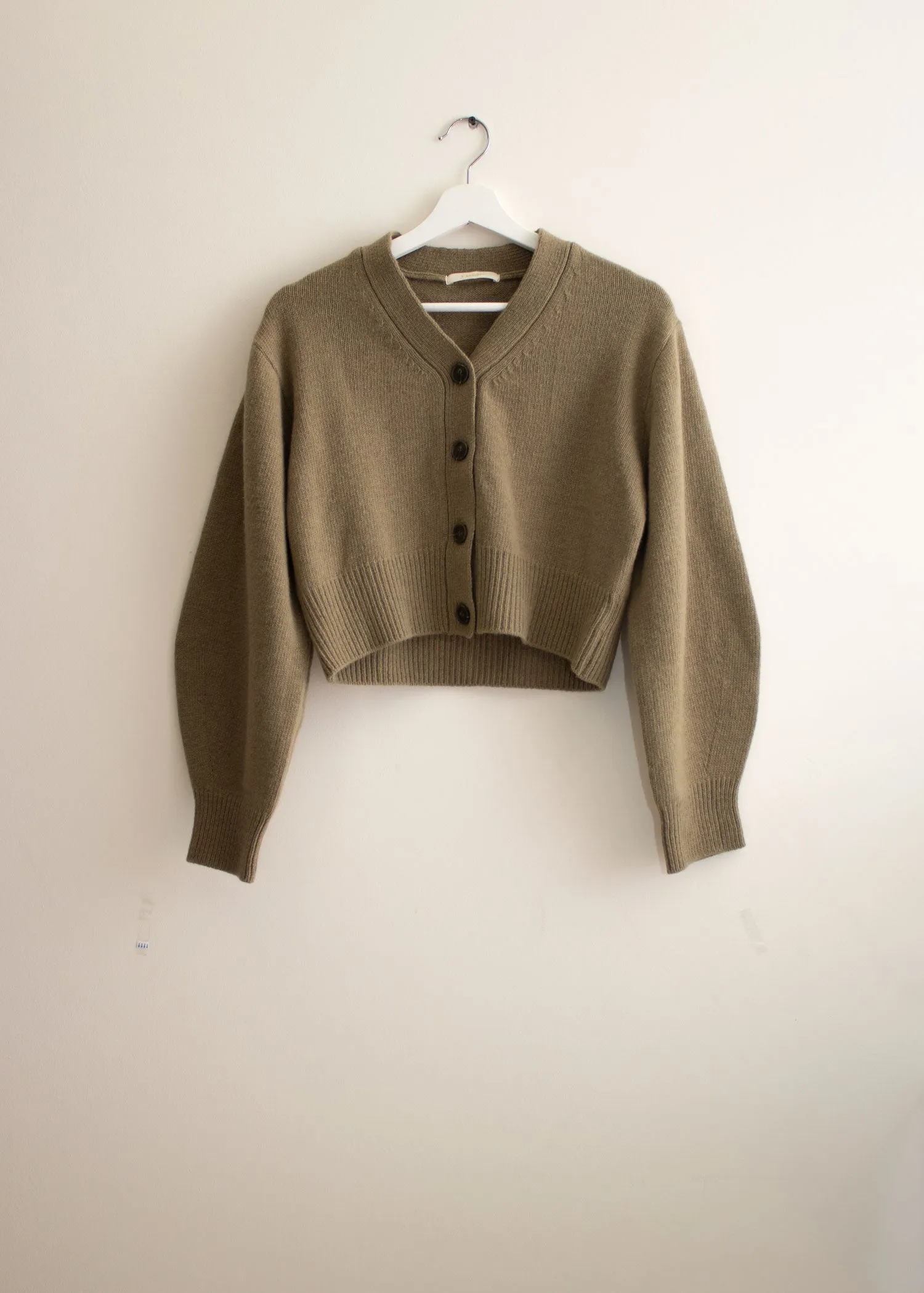 Khaki Puff Sleeves Wool Cardigan
