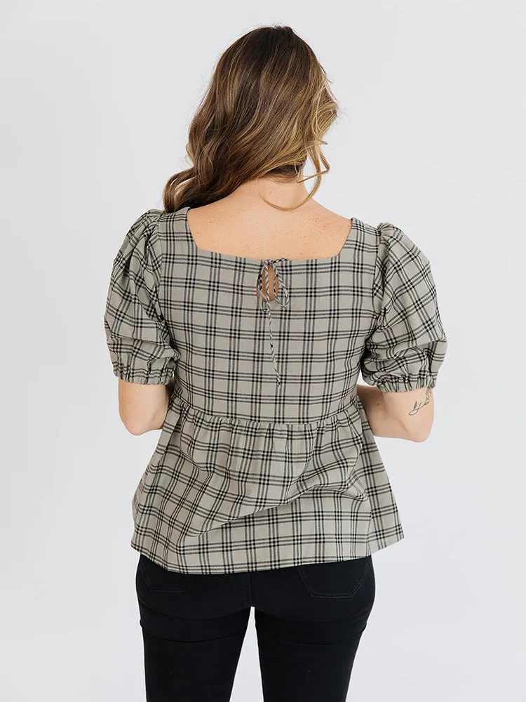 Nico Babydoll Top - Cement Plaid