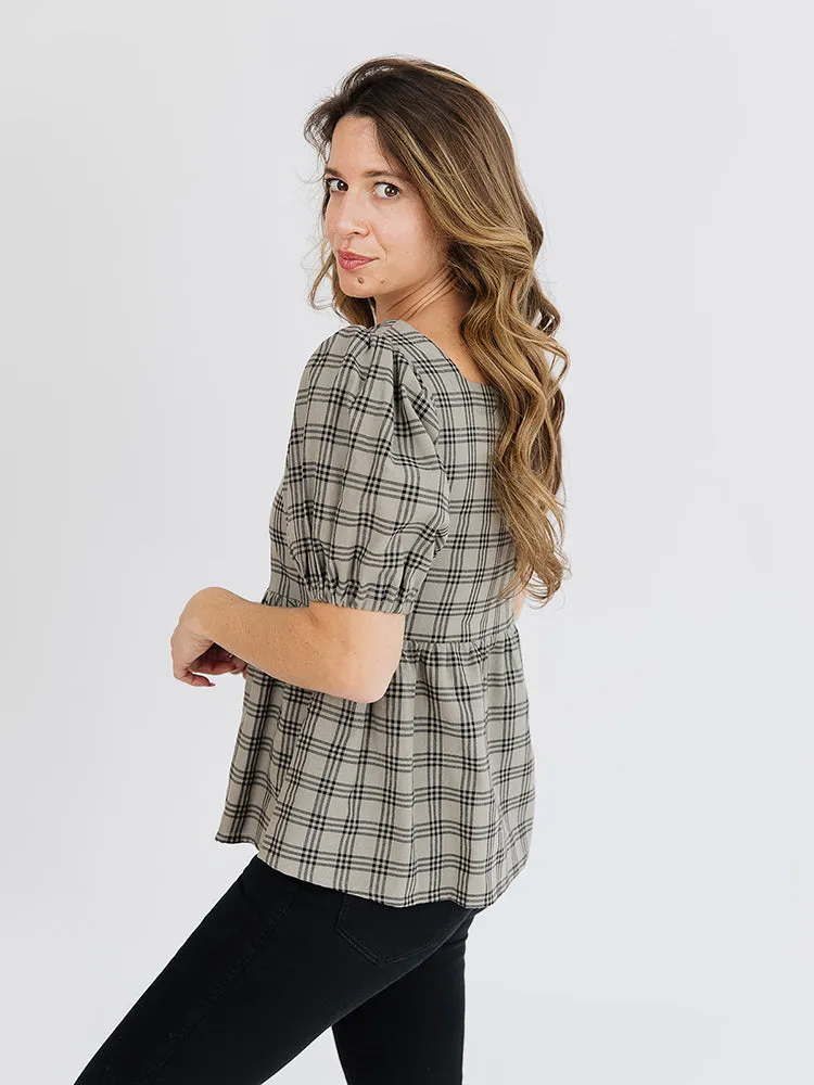 Nico Babydoll Top - Cement Plaid