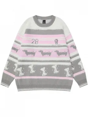 Pink and Grey Cute Dachshundsand Bones Round Neck Striped Sweater