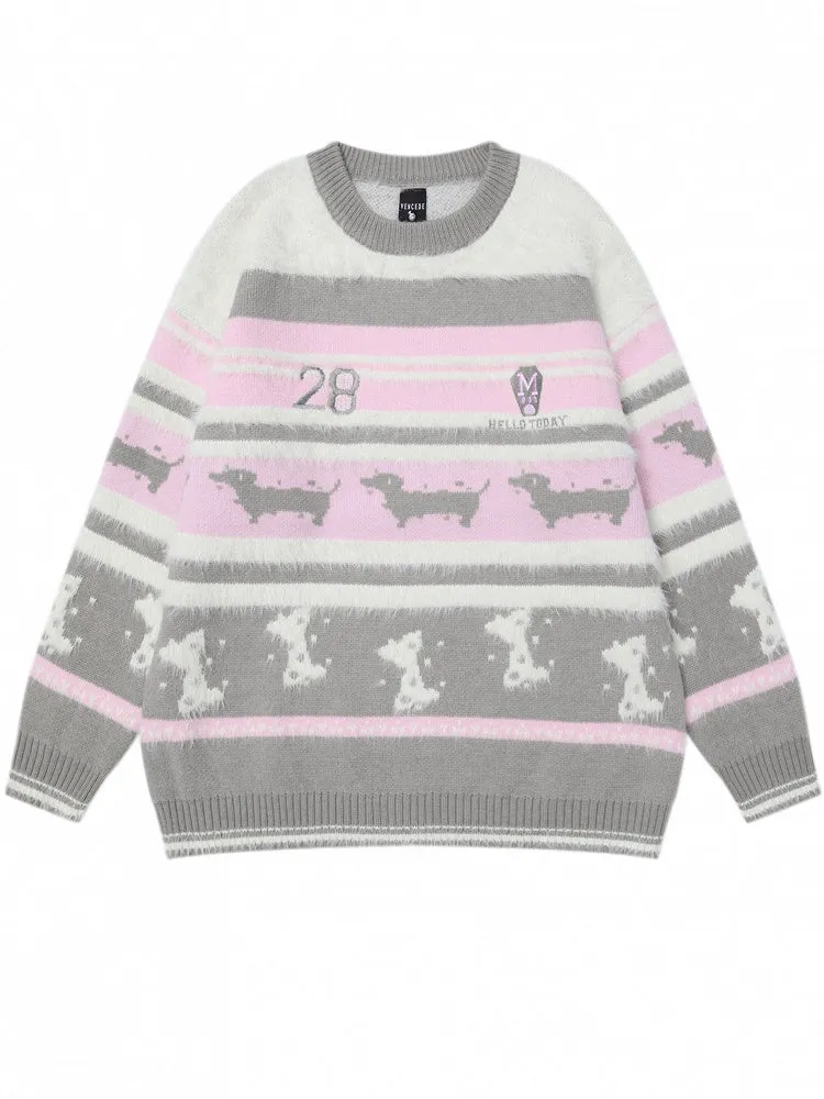 Pink and Grey Cute Dachshundsand Bones Round Neck Striped Sweater