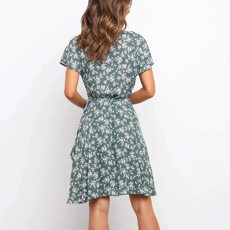 Printed pullover V-neck large swing dress