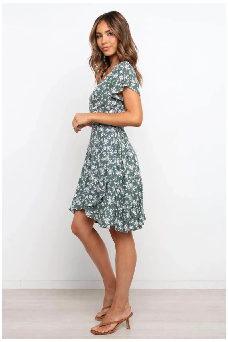 Printed pullover V-neck large swing dress