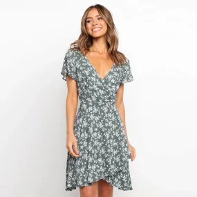 Printed pullover V-neck large swing dress